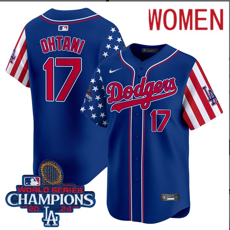 Women MLB Los Angeles Dodgers #17 Ohtani American Style blue 2024 World Series Champions  Limited Jersey->women mlb jersey->Women Jersey